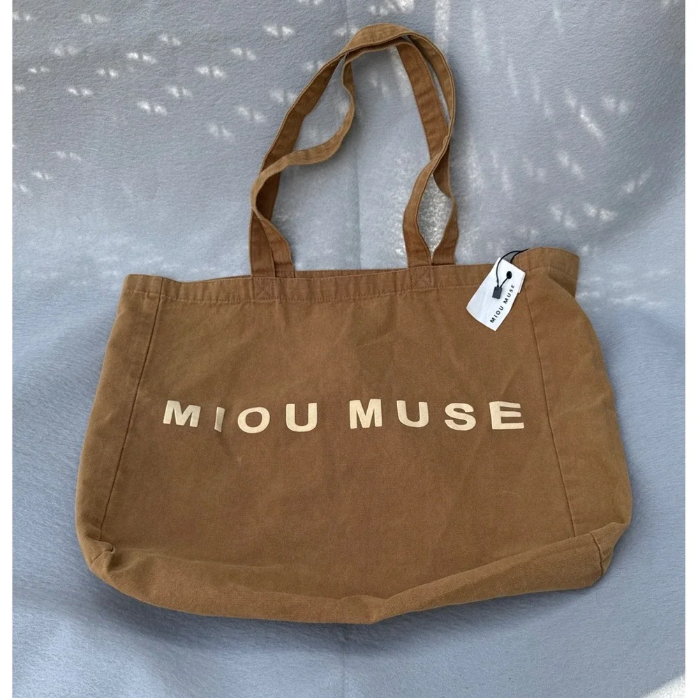 Miou Muse Canvas Tote Bag Womens One Size Brown NWT Logo Graphic Large Shopper